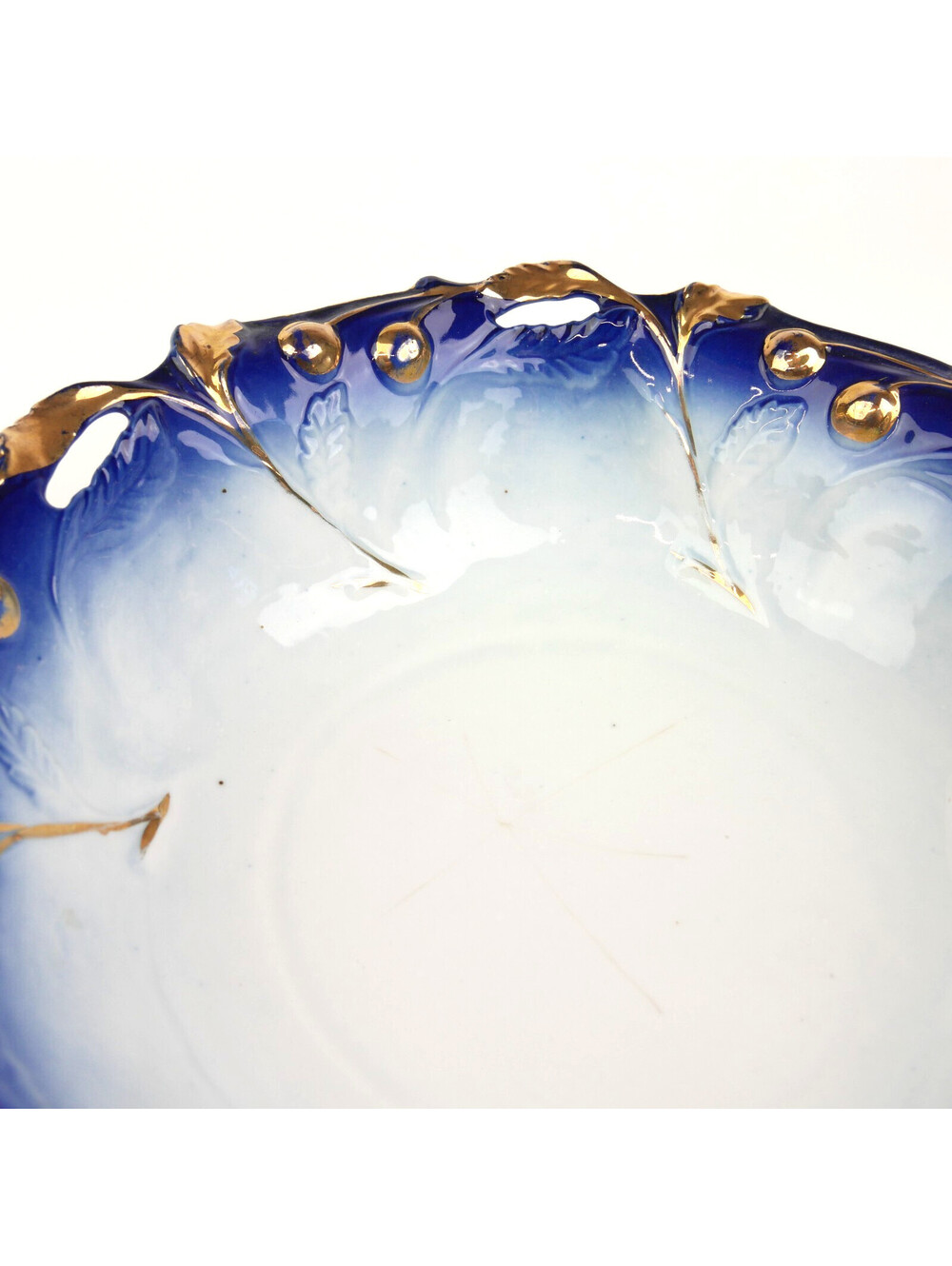 Antique Flow Blue Porcelain Bowl 10.4" Gold Gilt Embossed Cherries Openwork Rim - Picture 11 of 12